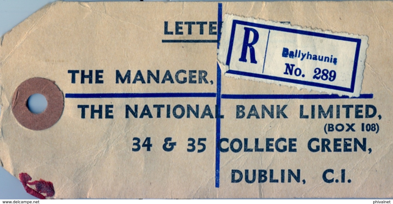 1963 , IRLANDA , ETIQUETA  POSTAL DE ENVIO CERTIFICADO , BALLYHAUNIS - DUBLIN , THE NATIONAL BANK LIMITED - Cartas & Documentos