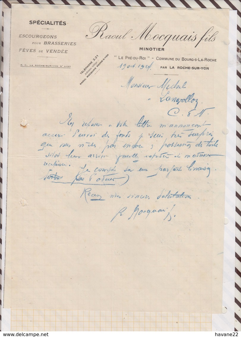 81043 Lettre Facture MOCQUAIS MINOTIER BOURG LA ROCHE / 1924 - 1900 – 1949