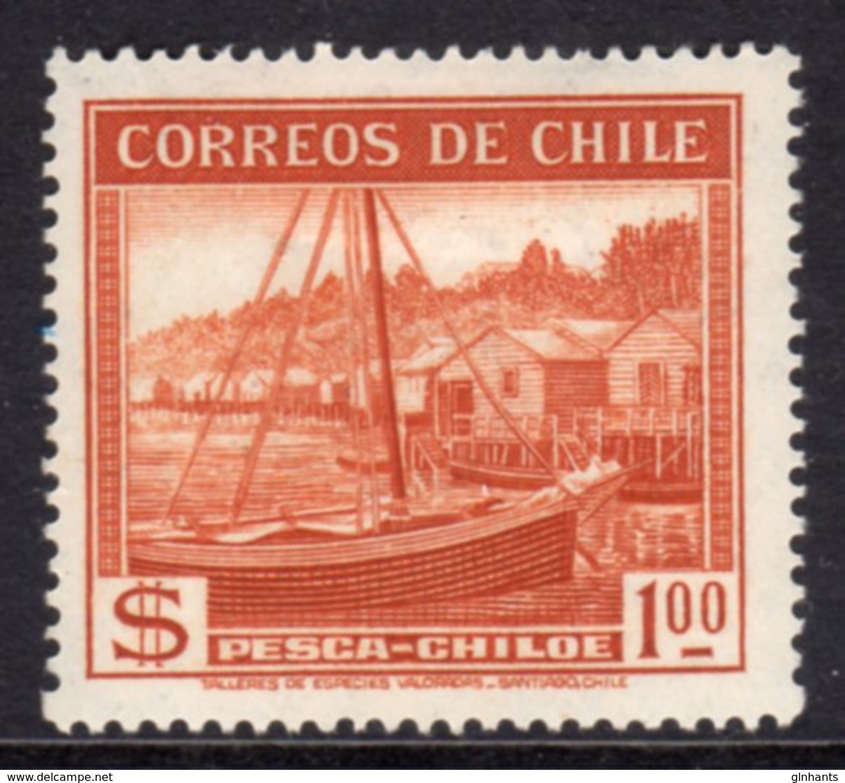 CHILE - 1938 $1 FISHING BOAT SHIP STAMP FINE MINT MM * SG274 - Chile