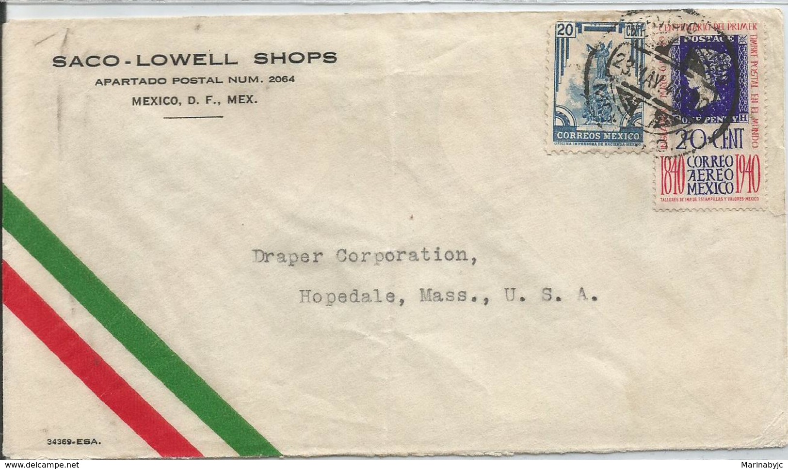 J) 1940 MEXICO, COMMERCIAL LETTER, SACO-LOWELL SHOPS, CENTENARI OF THE FIRST POSTAL SEAL IN THE WORLD, INDEPENDENCE, MON - Mexico