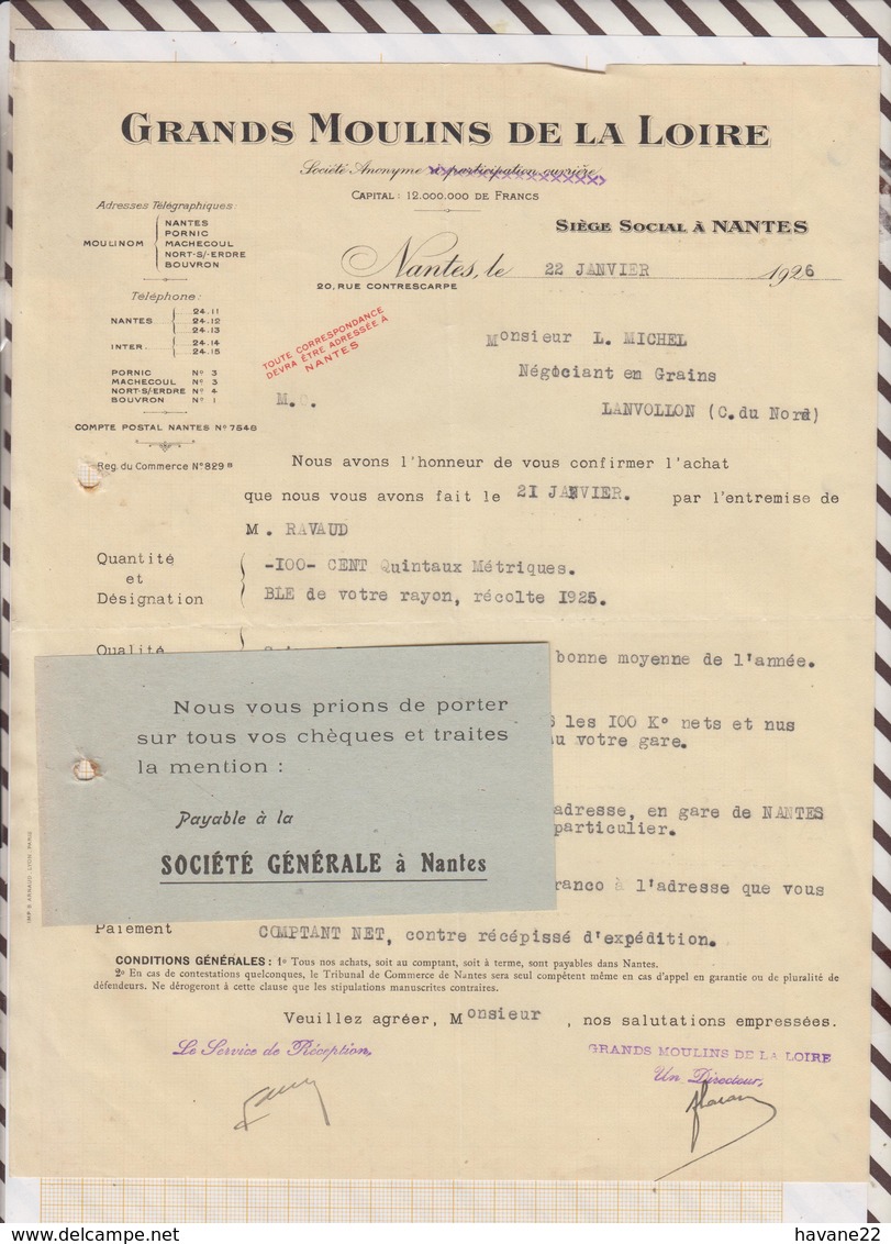 81036 Lettre Facture GRANDS MOULINS DE LA LOIRE / 1926 - 1900 – 1949