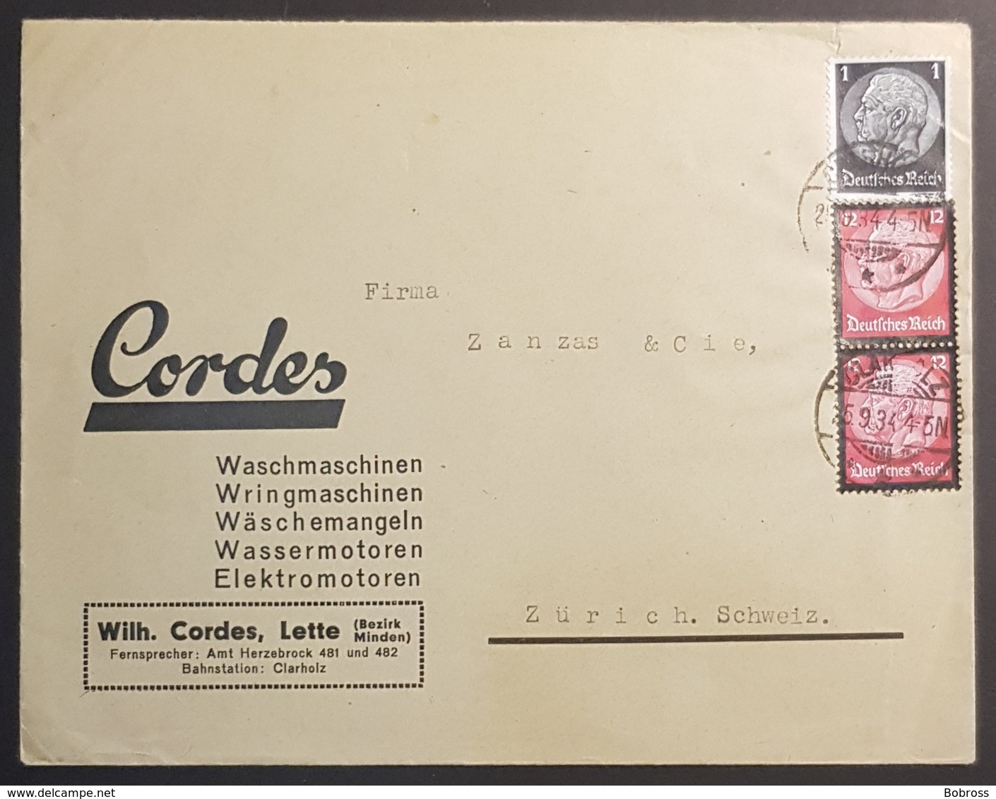 1934 Cover, "Cordes", Herzebrock Clarholz-Zürich Schweiz, Deutsches Reich, Germany, Geschäftspapiere - Lettres & Documents