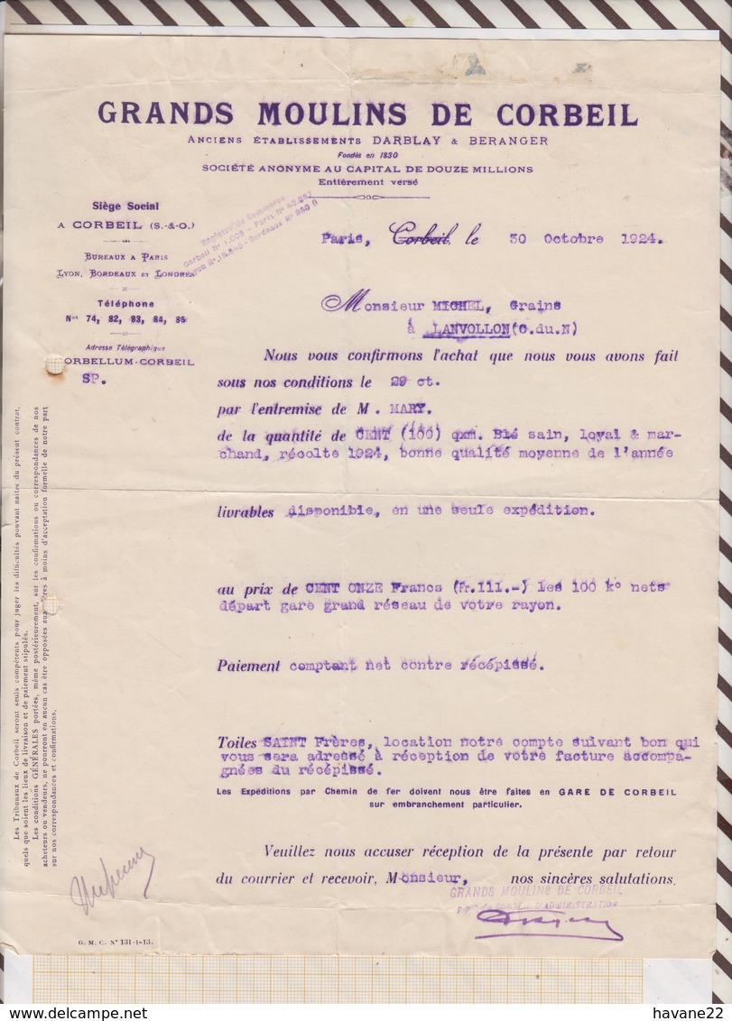 81034 Lettre Facture GRANDS MOULINS DE CORBEIL / 1924 - 1900 – 1949