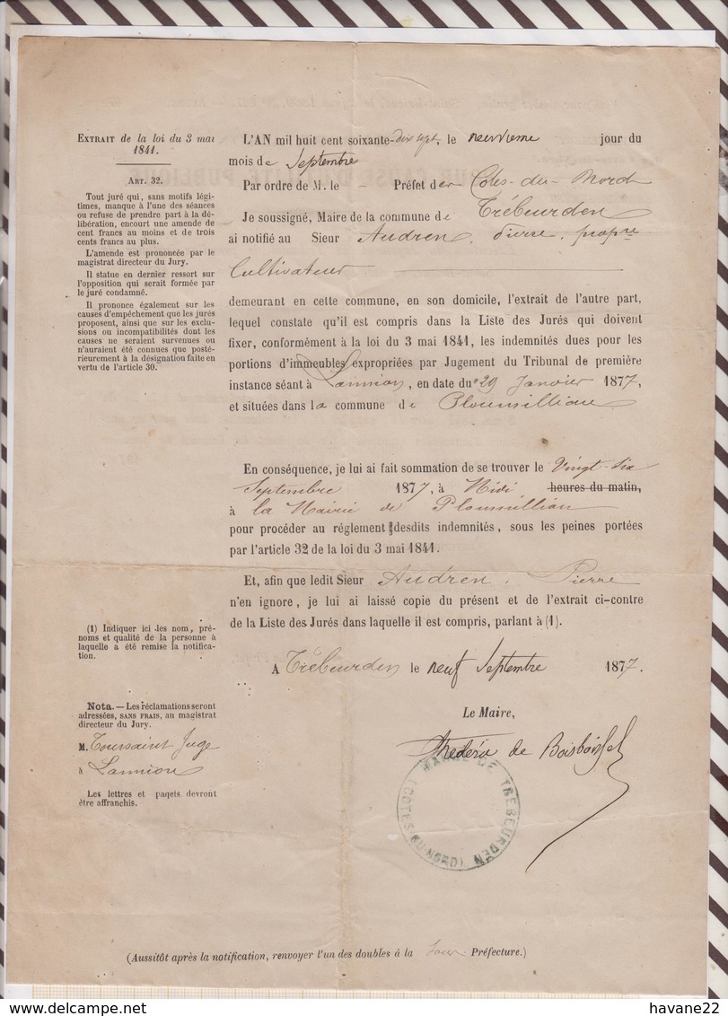 81023 Lettre Facture PREFET COTES NORD LANNION PLOUMILLIAU EXPROPRIATION / 1877 - Historical Documents