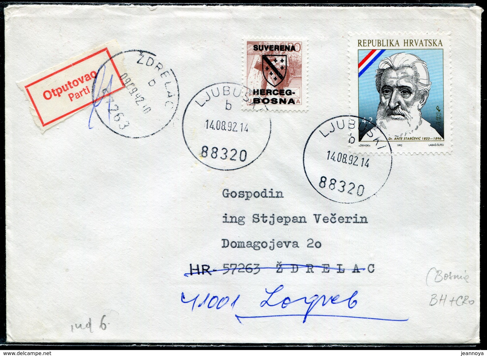 BOSNIE-HERZEGOVINE - LETTRE DE L'EMISSION PRIVÉE AVEC SURCHARGE " SUVERENA " DE LJUBUSKI LE 14/8/1992 - SUP - Bosnia Erzegovina