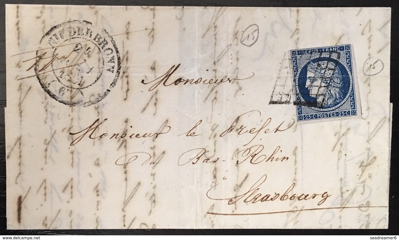 LETTRE 1851 Ceres N°4 (1 Pli D'archive) 25c Bleu Fonçé De Niederbronn + Dateur Type 14 Tres Frais - 1849-1850 Ceres