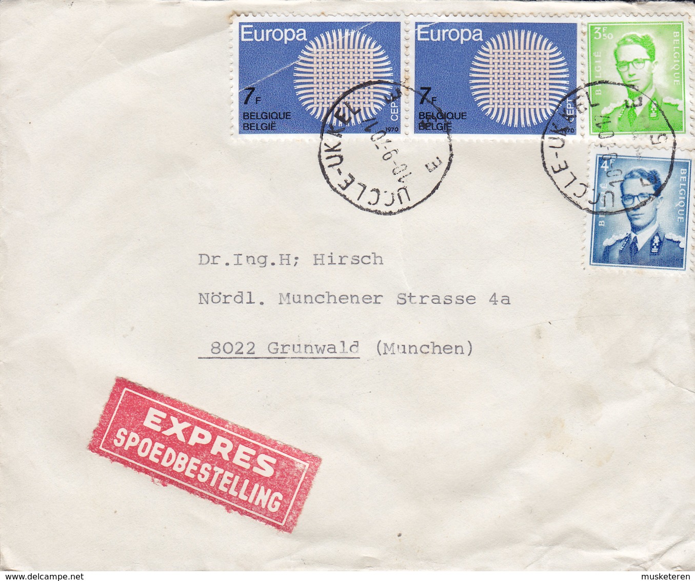 Belgium L. BERCOVICI Spoedbestelling EXPRES Label UCCLE 1970 Cover Lettre GRÜNWALD Via MÜNCHEN FLUGHAFEN Europa CEPT - Lettres & Documents