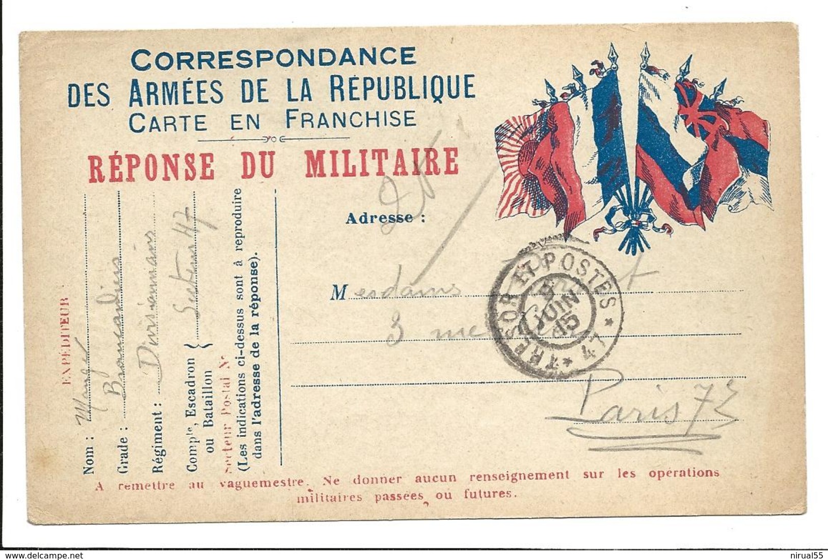 Correspondance Militaire Correspondance Des Armées De La République Carte En Franchise Réponse Du Militaire Trésor Et .G - Guerre 1914-18