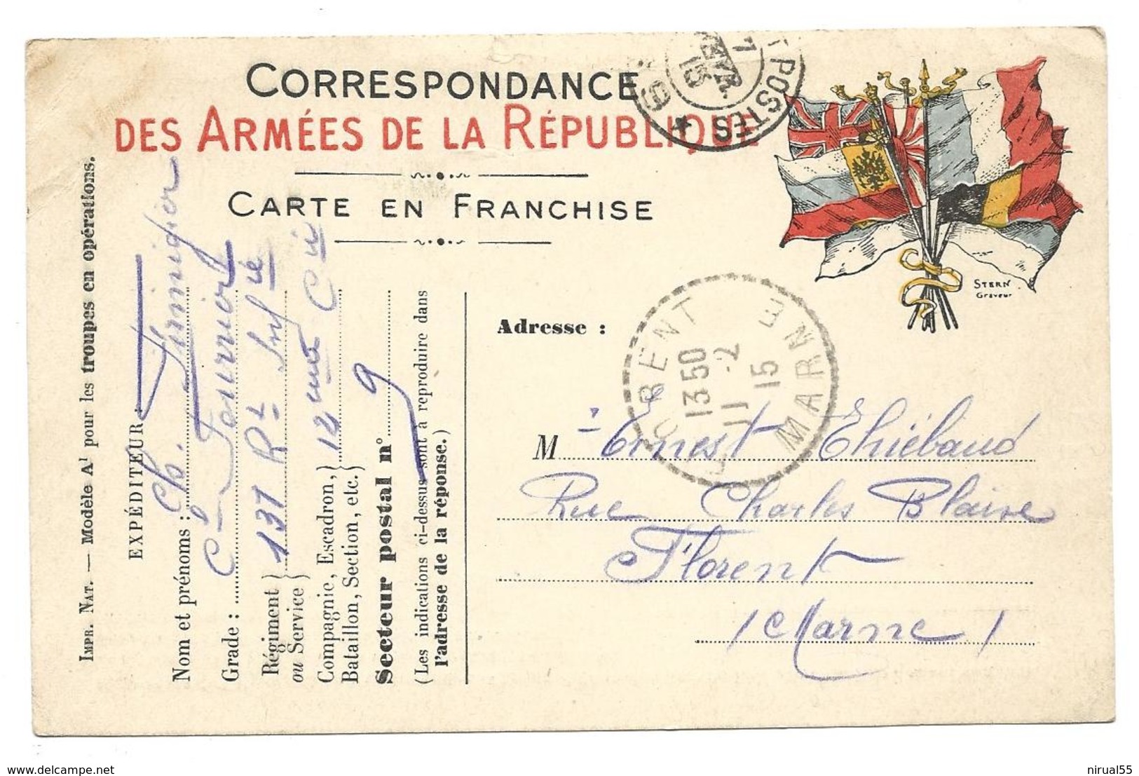 Correspondance Militaire Correspondance Des Armées De La République Carte En Franchise Trésor Et Postes 9 . .G - Guerre 1914-18