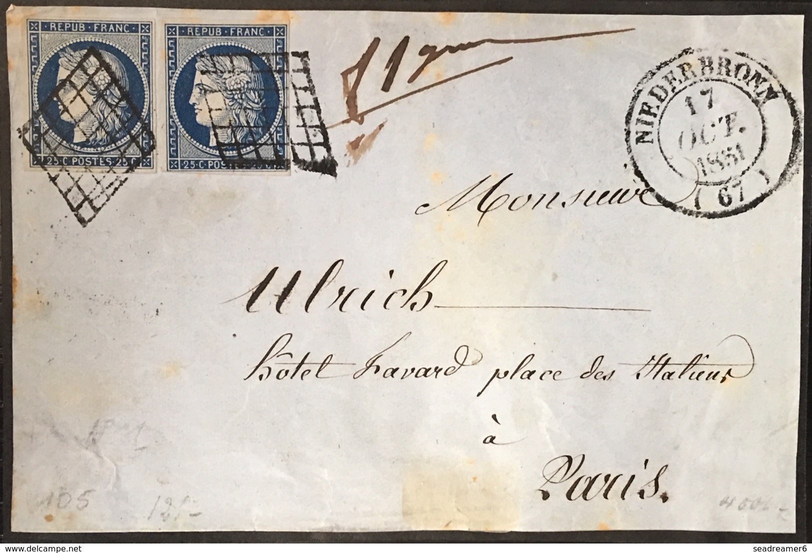 Devant De Lettre 1851 Ceres  N°4 X2  25c Bleu Fonçé De Niederbronn Dateur Type 14 - 1849-1850 Cérès