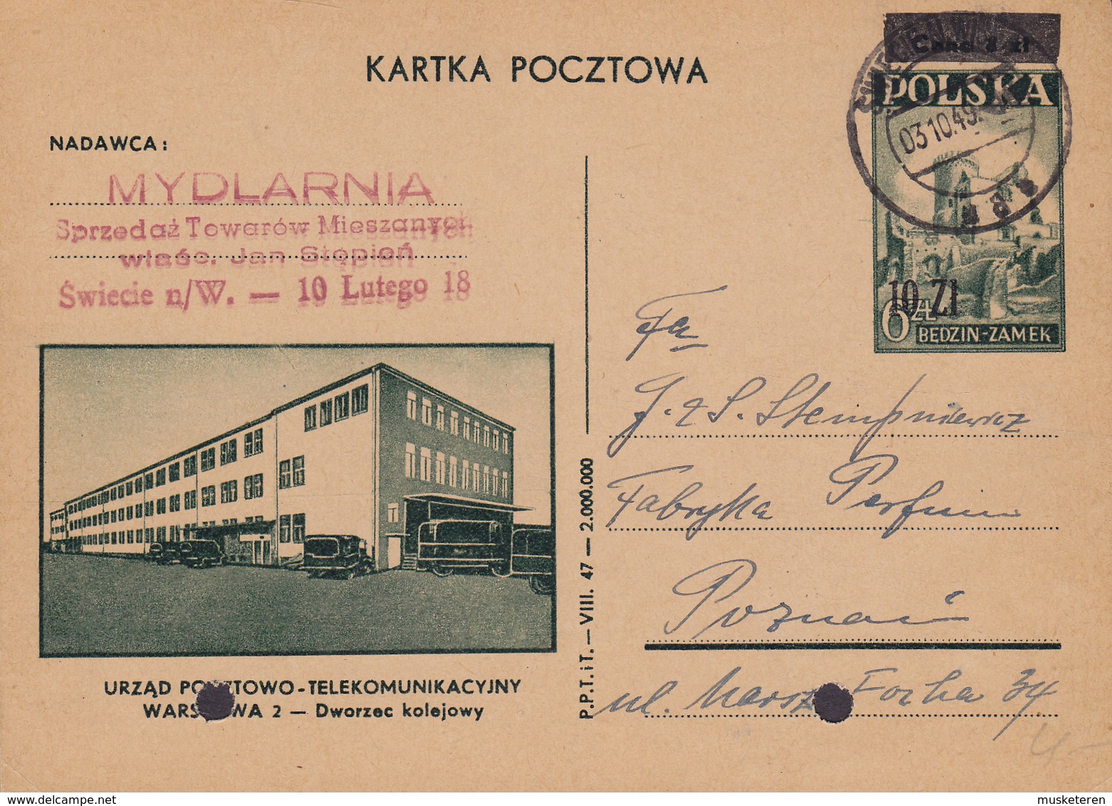 Poland Postal Stationery Ganzsache Entier 10 Zl Auf 6 Zl. Telekomunikacyjny SWIECIE N/W. 1949 (2 Scans) - Postwaardestukken