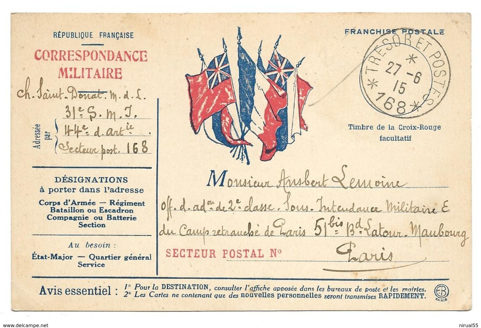 Correspondance Militaire Carte En Franchise  Trésor Et Postes168   . .G - Guerre 1914-18