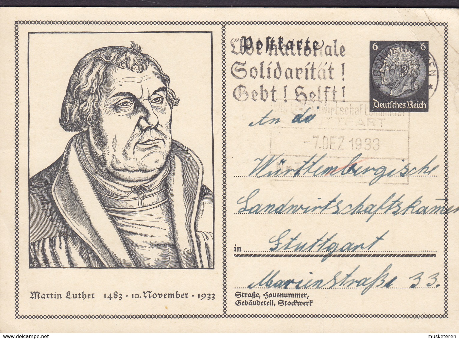 Germany Deutsches Reich Postal Stationery Ganzsache 6 Pf. Dr. Martin Luther 1483-1933 Slogan Flamme SCHWEININGEN 1933 - Postkarten