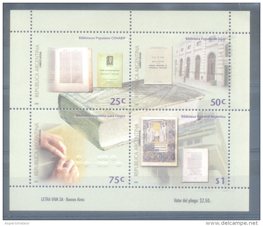 ARGENTINE / ARGENTINA AÑO 2000  BIBLIOTECAS ARGENTINA IMPRESION EN RELIEVE MNH TBE TEXTO EN BRAILLE - Hojas Bloque