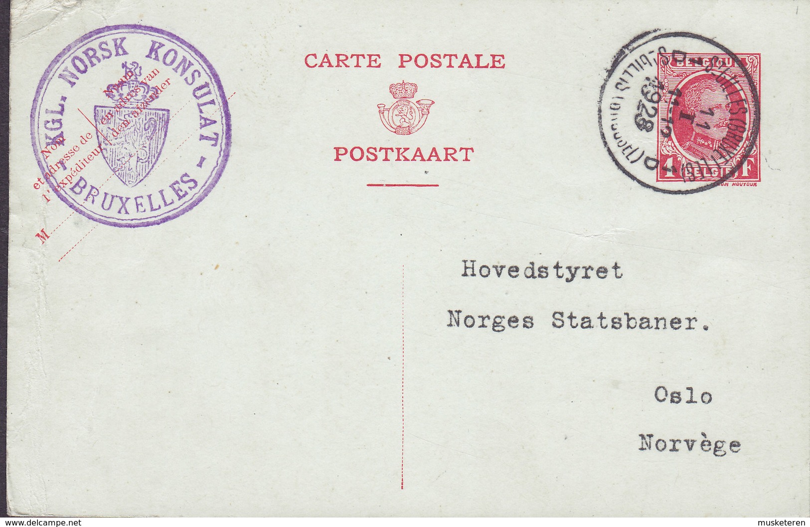 Belgium Postal Stationery Ganzsache Entier KGL. NORSK KONSULAT, BRUXELLES 1928 Norges Statsbaner OSLO Norvége - Briefe U. Dokumente