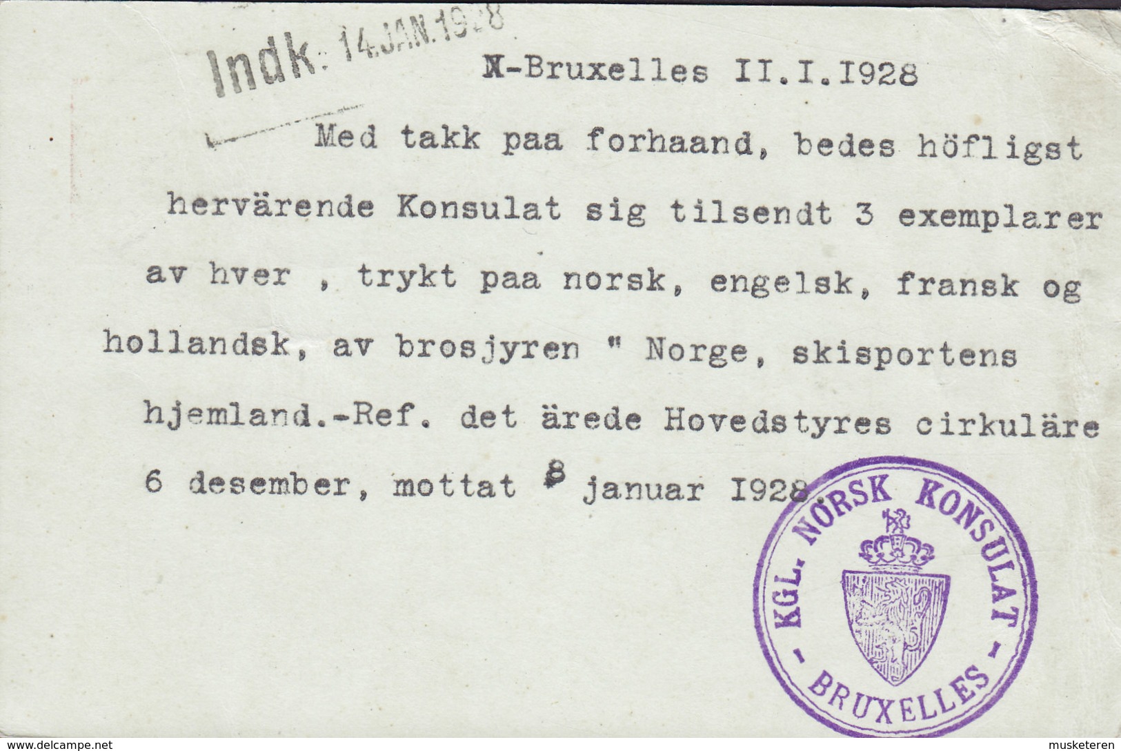 Belgium Postal Stationery Ganzsache Entier KGL. NORSK KONSULAT, BRUXELLES 1928 Norges Statsbaner OSLO Norvége - Briefe U. Dokumente