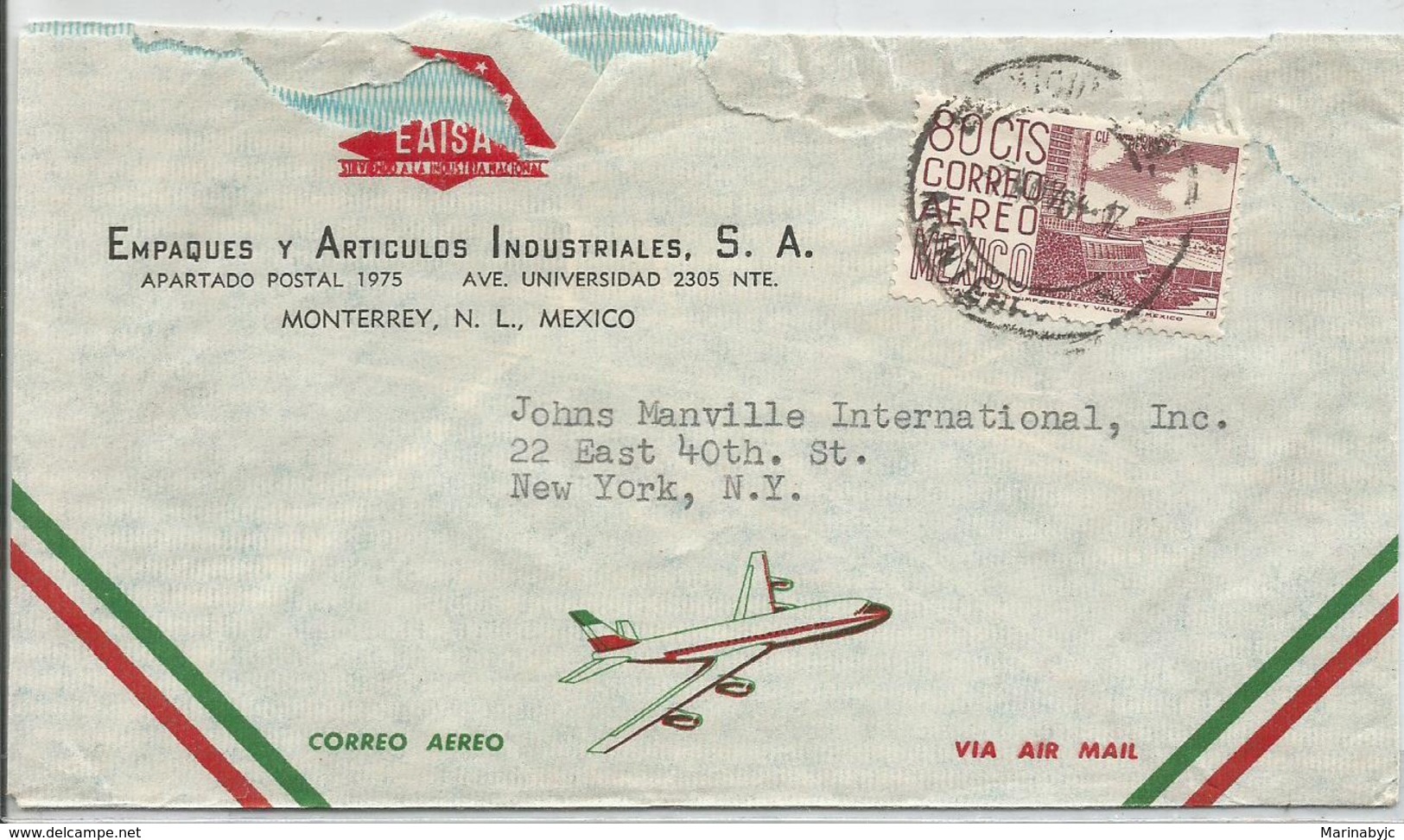 J) 1964 MEXICO, COMMERCIAL LETTER, PACKAGING AND INDUSTRIAL ITEMS, CU, MODERN ARCHITECTURE, AIRMAIL, CIRCULATED COVER, F - Mexico