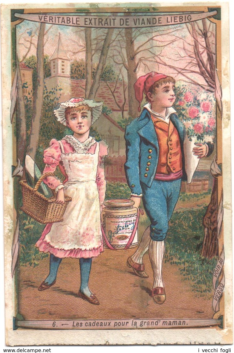 Chromo, Victorian Trade Card. LIEBIG S. 263. Scene Di Fanciulli. Scènes Infantines, Les Cadeaux Pour Grand'maman - Liebig