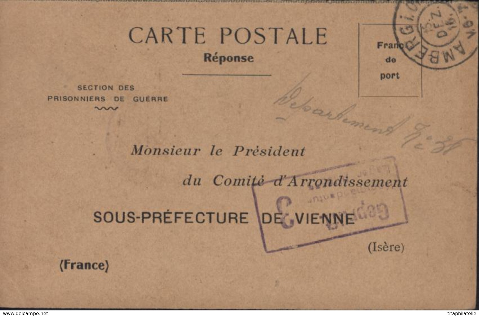 Guerre 14 CP Réponse Imprimée Par Comité D'arrondissement De Vienne Isère Accusé Réception Colis Censure Geprüft Amberg - Guerre De 1914-18