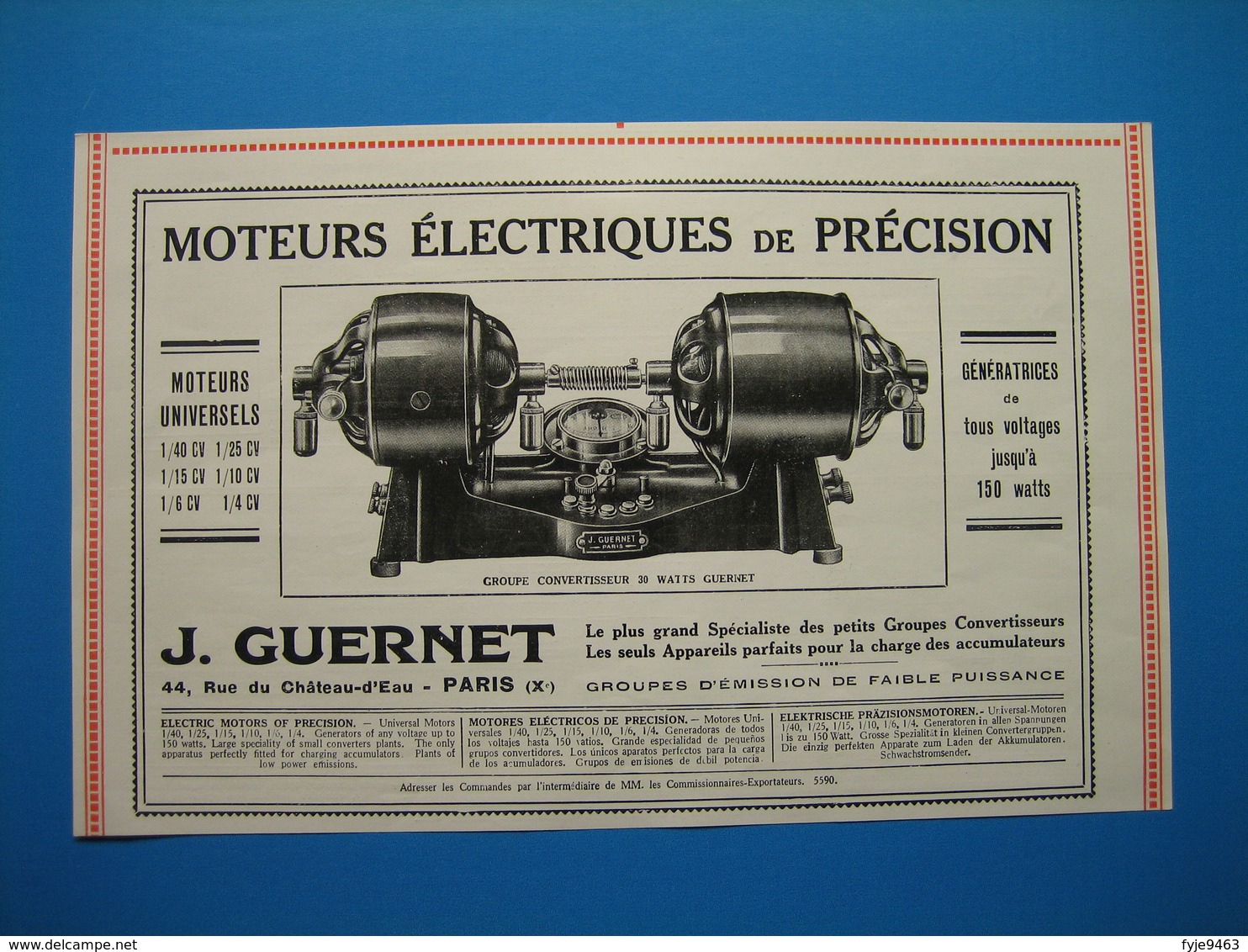 (1927) Moteurs Électriques - J. GUERNET - Rue Du Château-d'Eau à Paris - Non Classés