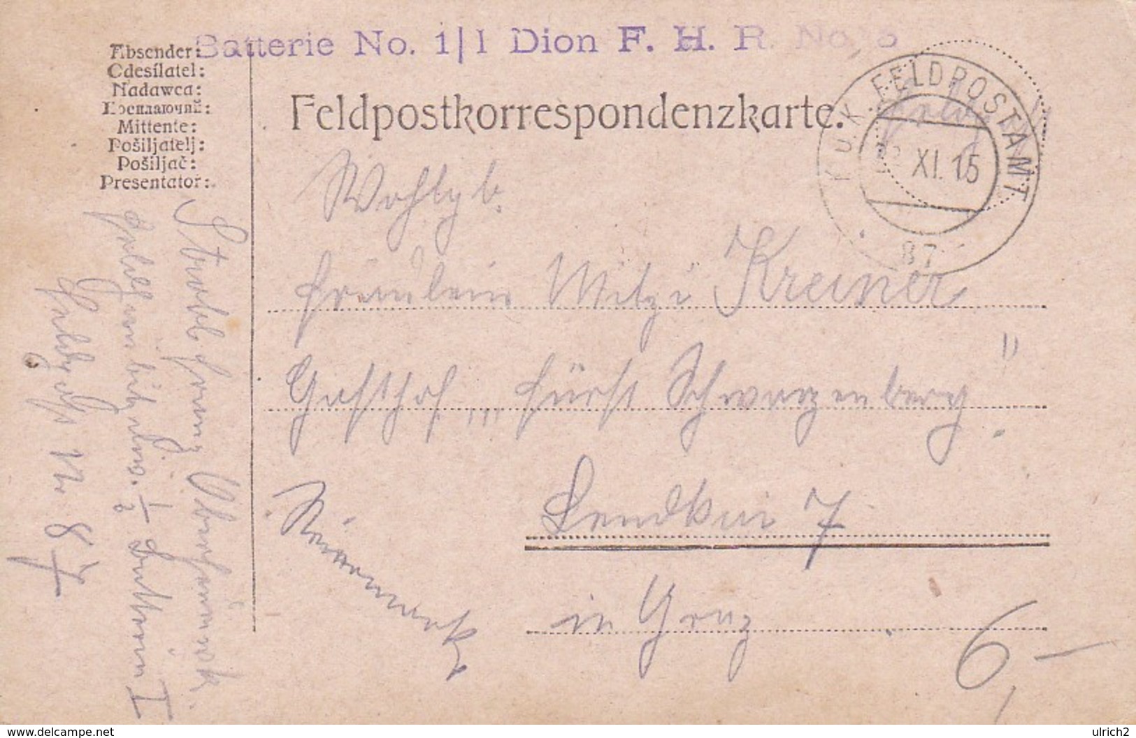 Feldpostkarte Batterie No. 1, 1. Dion. F.H.R. No. 5 - 1915  (39612) - Briefe U. Dokumente