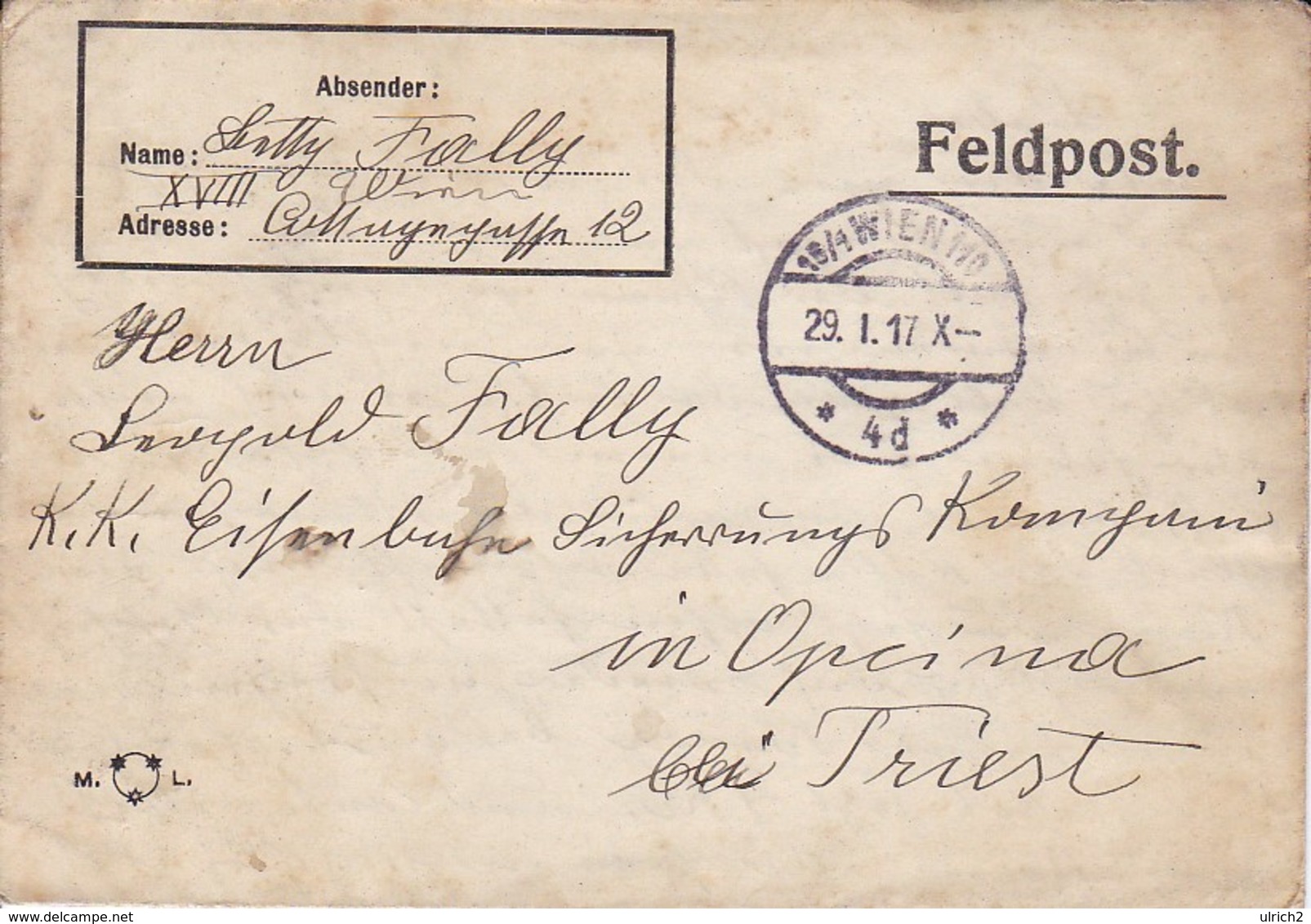 Feldpostbrief Wien Nach K.k. Eisenbahn Sicherungs Kompanie Opcina Bei Triest - 1917 (39615) - Briefe U. Dokumente