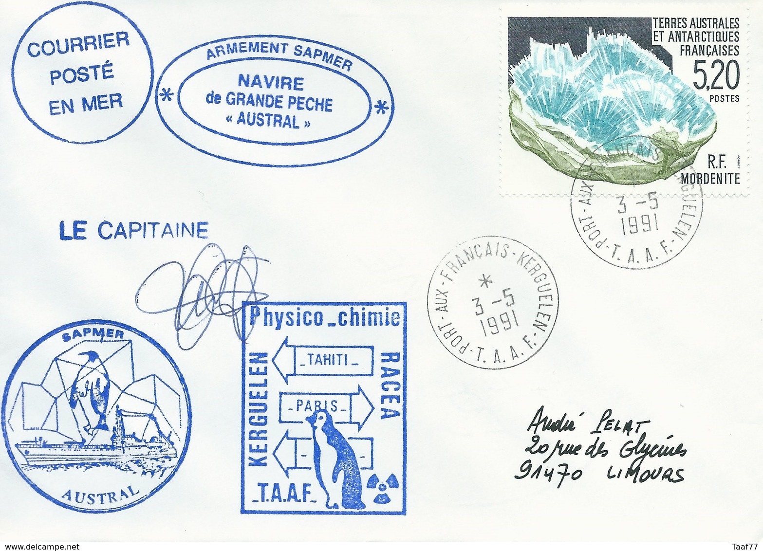 TAAF - Port Aux Français-Kerguelen: Lettre "Austral" Avec Timbre N°160 Mordenite - 03/05/1991 - Lettres & Documents