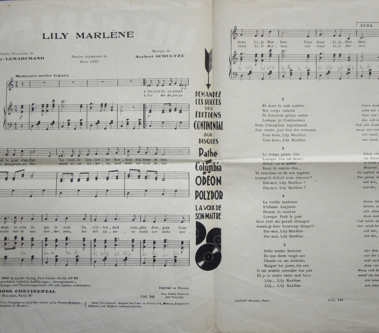 40 60 MILITARIA PIANO GF PARTITION LILY MARLÈNE LEMARCHAND HANS LEIP NORBERT SCHULTZE BILINGUE ALLEMAND 1940-42 MARINE - Other & Unclassified