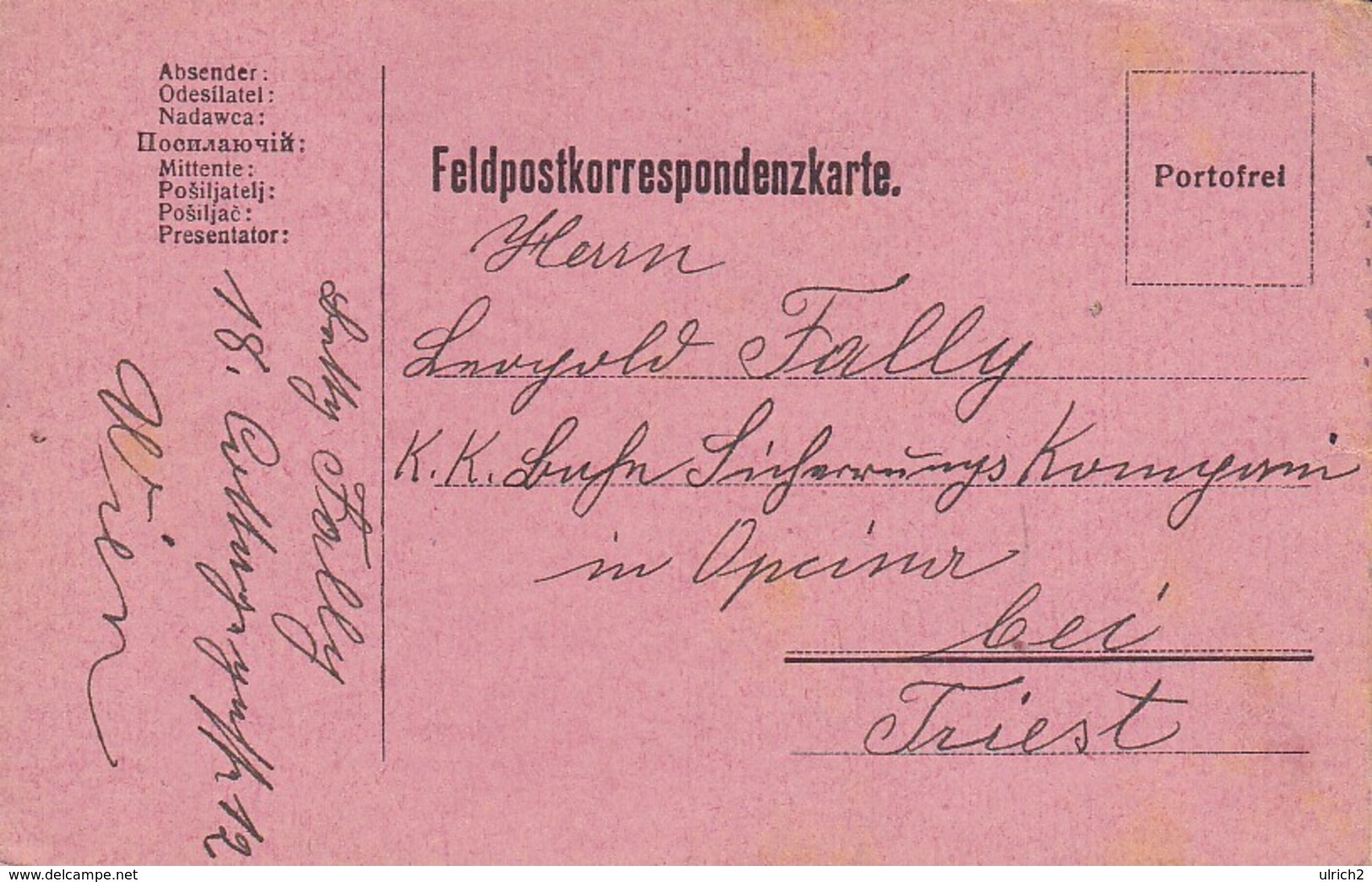 Feldpostkarte Wien Nach K.k. Eisenbahn Sicherungs Kompanie Opcina Bei Triest - 1916 (39618) - Briefe U. Dokumente