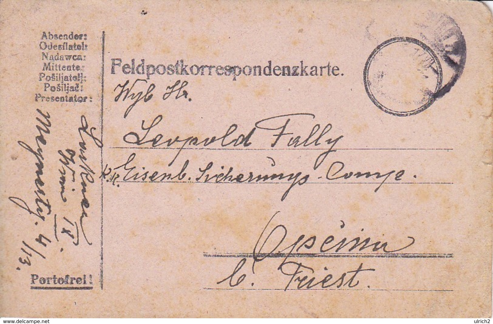 Feldpostkarte Wien Nach K.k. Eisenbahn Sicherungs Kompanie Opcina Bei Triest - 1917 (39619) - Briefe U. Dokumente