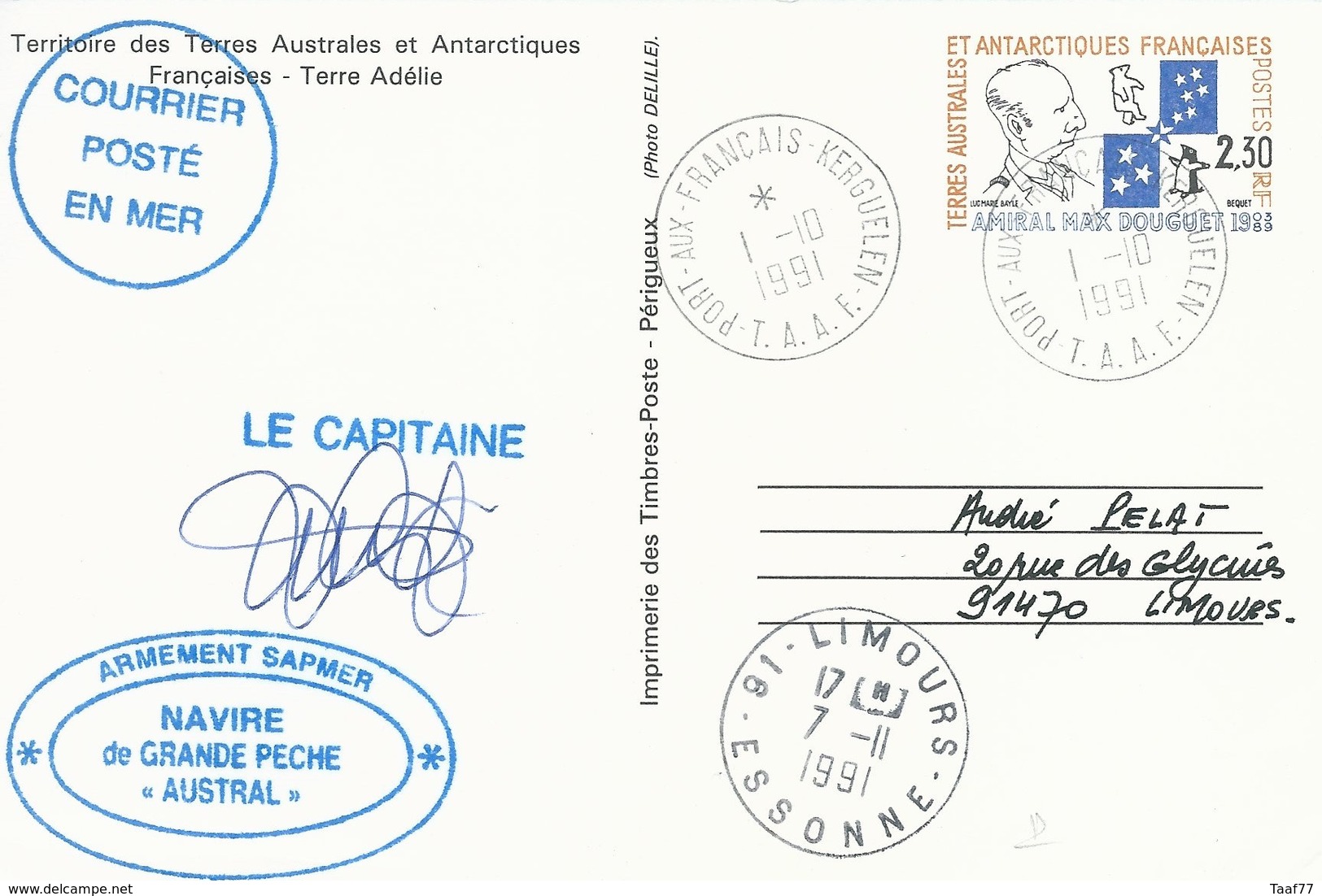 TAAF - Port Aux Français-Kerguelen: Entier Postal N°2 CP Amiral Douguet Posté De L'"Austral"- 01/10/1991 - Lettres & Documents