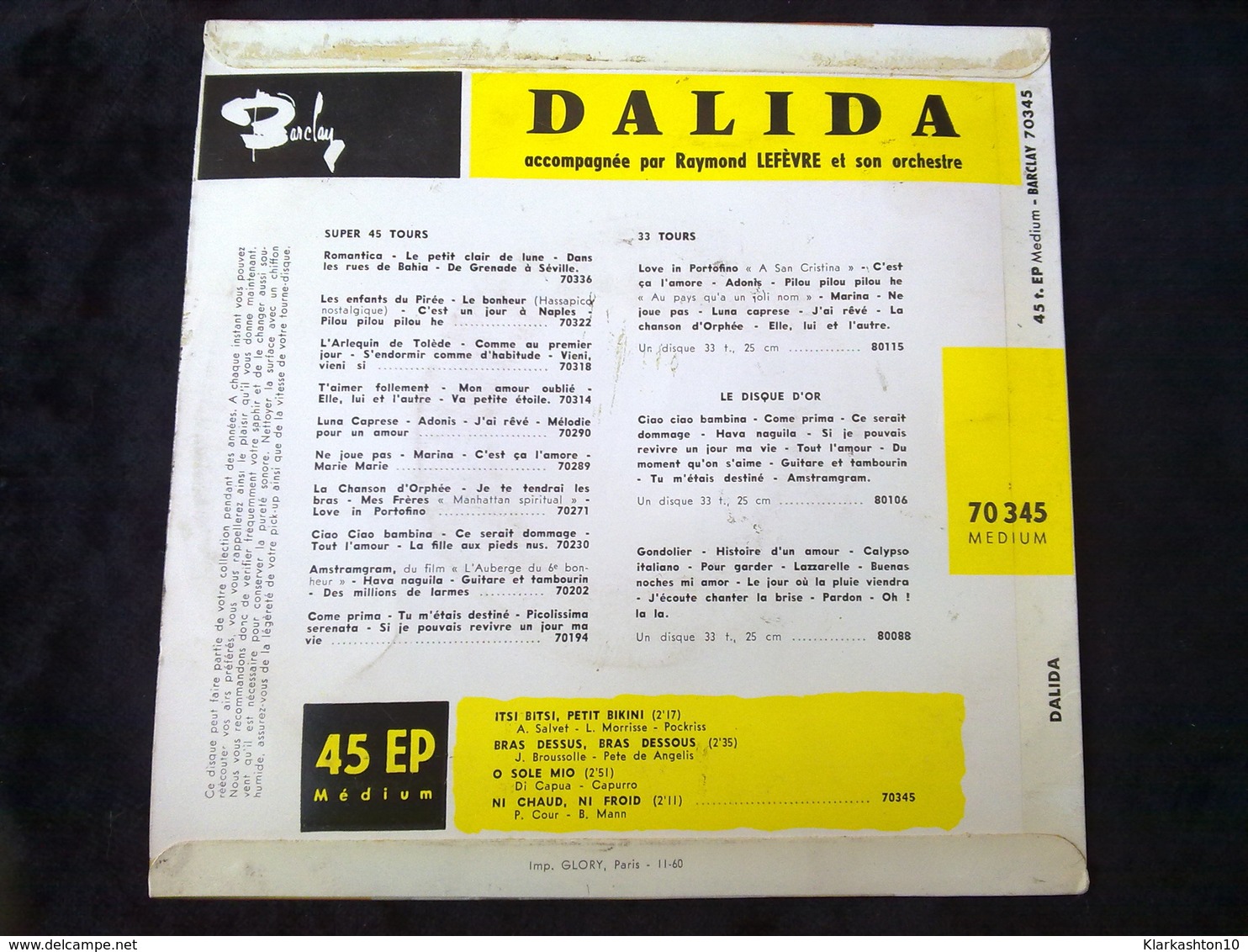 Dalida: Itsi Bitsi, Petit Bikini-Bras Dessus, Bras Dessous/ 45t Barclay 70 345 - Other - French Music