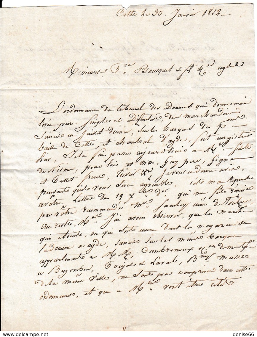 Janv.1812 - CETTE (34) - Lettre BOUSQUET L'Ainé à BOUSQUET & Fils & Cie à Agde Relative à Une Ordonnance Du Tribunal - Documents Historiques