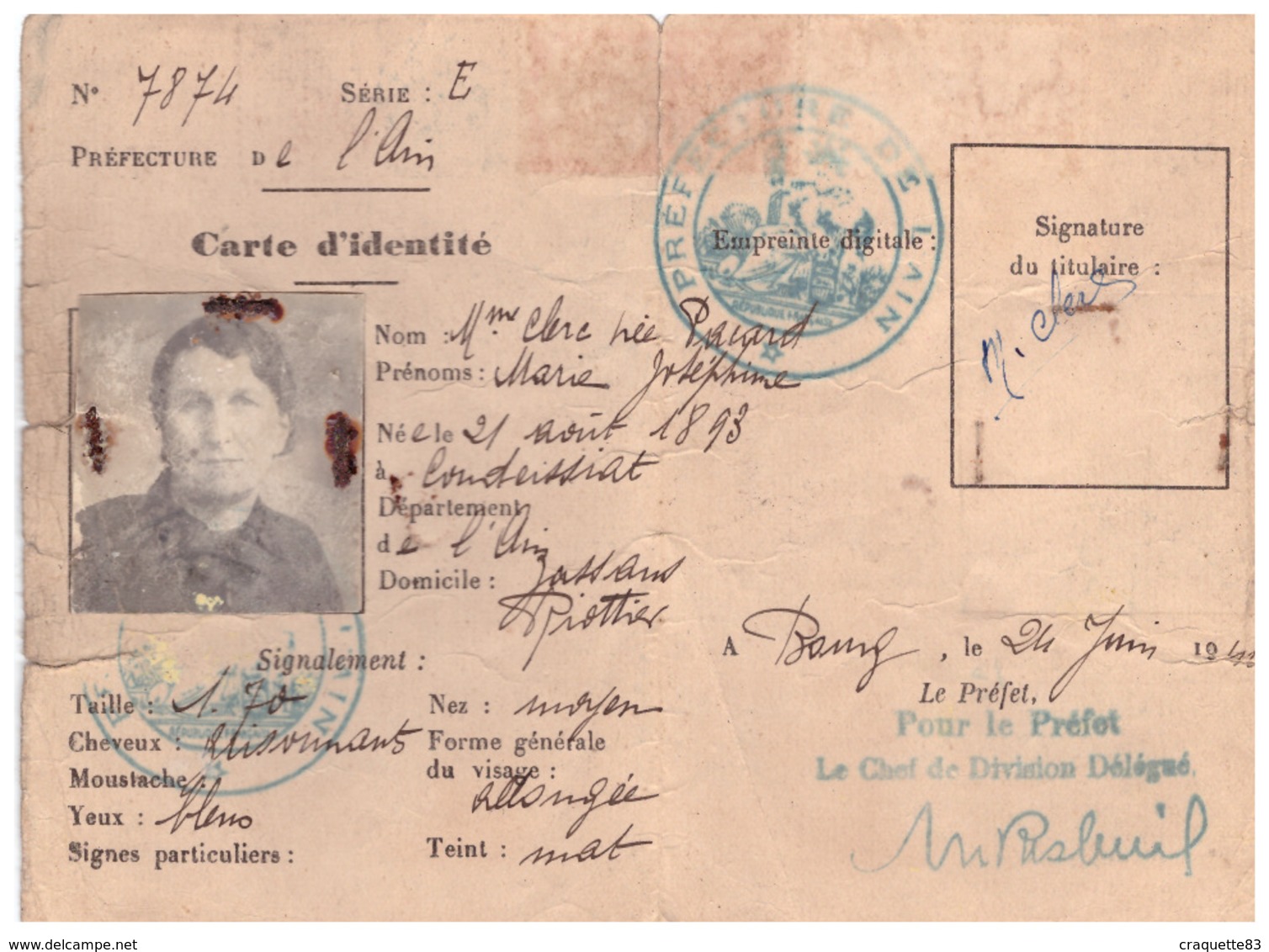 CARTE D'IDENTITE  N°7874 - AIN - 24 JUIN 1942 - Other & Unclassified