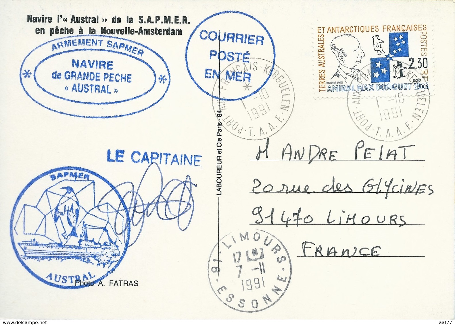 TAAF - Port Aux Français-Kerguelen: Carte "Austral" Avec Timbre N°157 Amiral Douguet - 01/10/1991 - Lettres & Documents