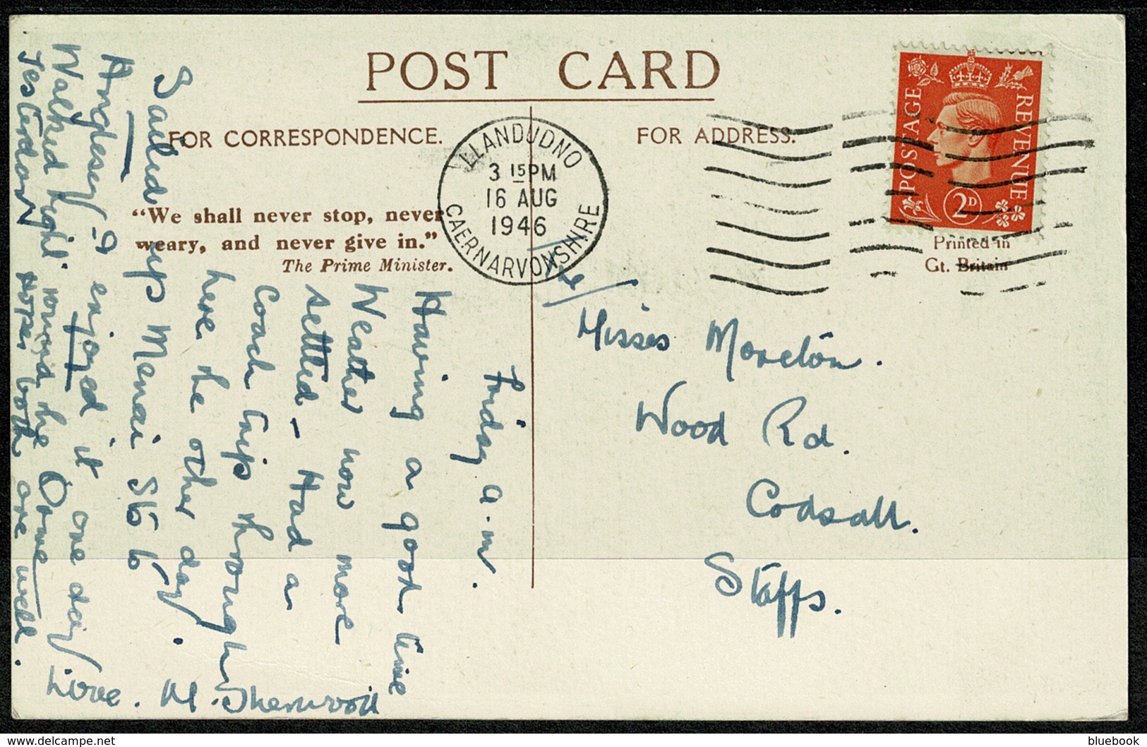 Ref 1276 - 1946 Postcard - Nant Ffrancon - Llandudno Postmark Caernarvonshire Wales - WWII Patriotic Message - Caernarvonshire
