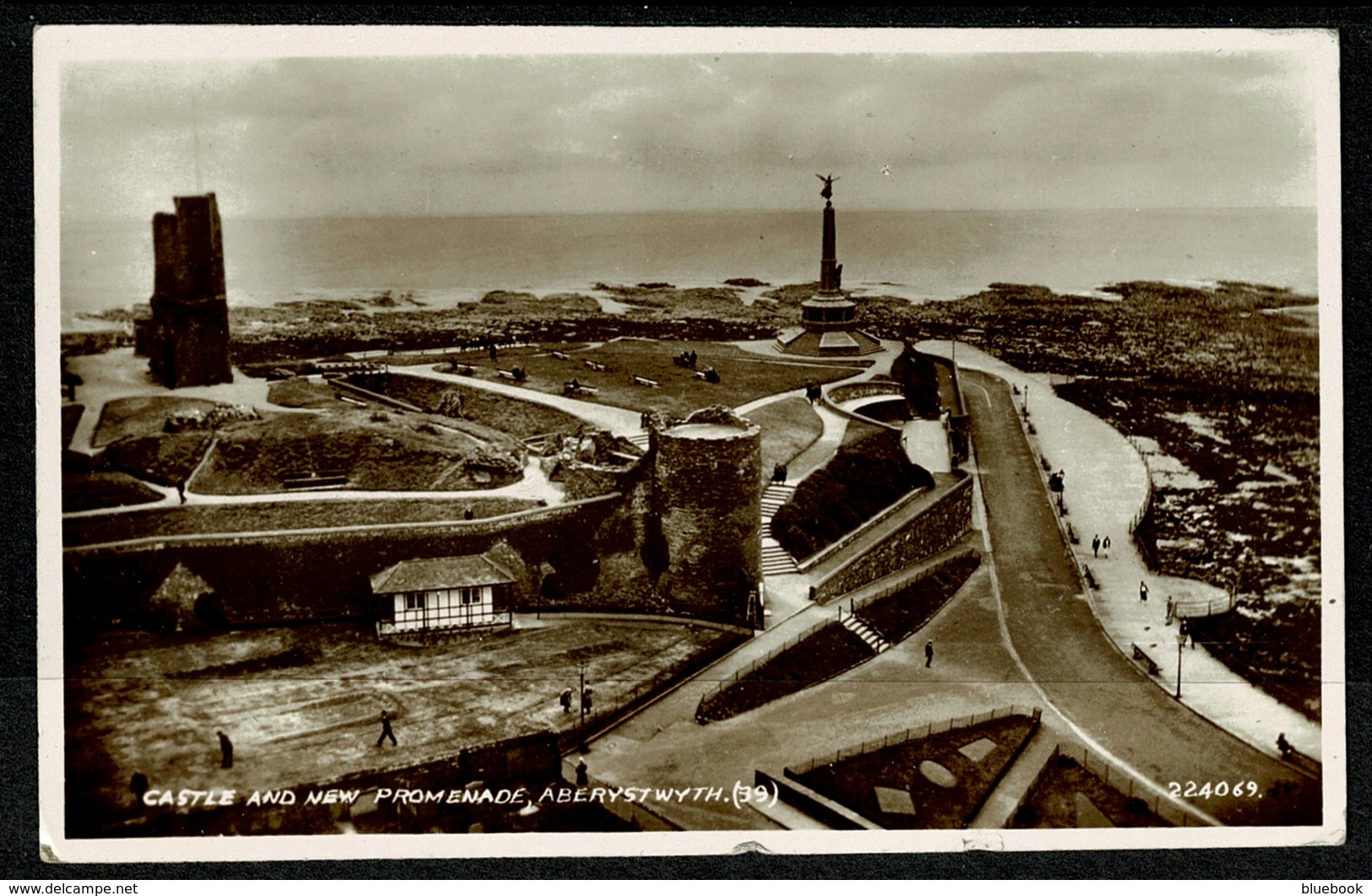 Ref 1277 - 1939 Real Photo Postcard - Castle & New Promenade Aberystwyth - Cardinganshire Wales - Cardiganshire