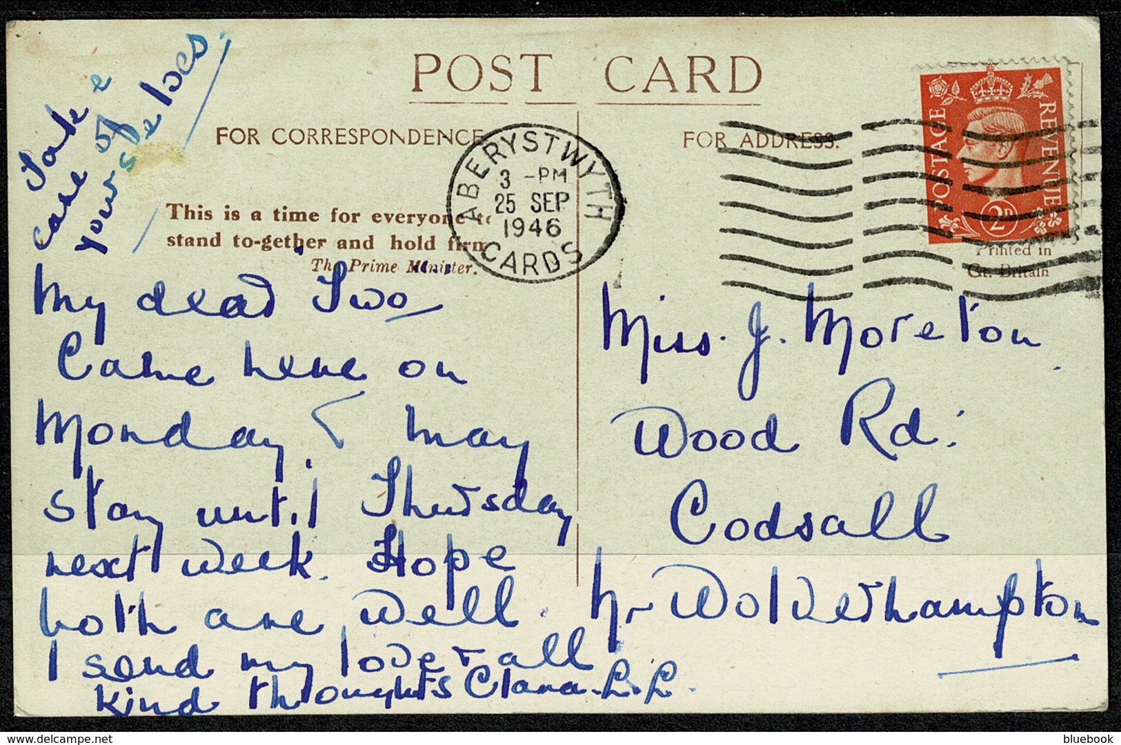 Ref 1277 - 1946 Postcard - Clarach Bay Aberystwyth - Cardinganshire Wales - WWII Patriotic Message - Cardiganshire