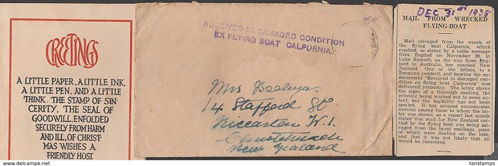 NEW ZEALAND 1938 CALPURNIA FLYING BOAT CRASH COVER - Cartas & Documentos