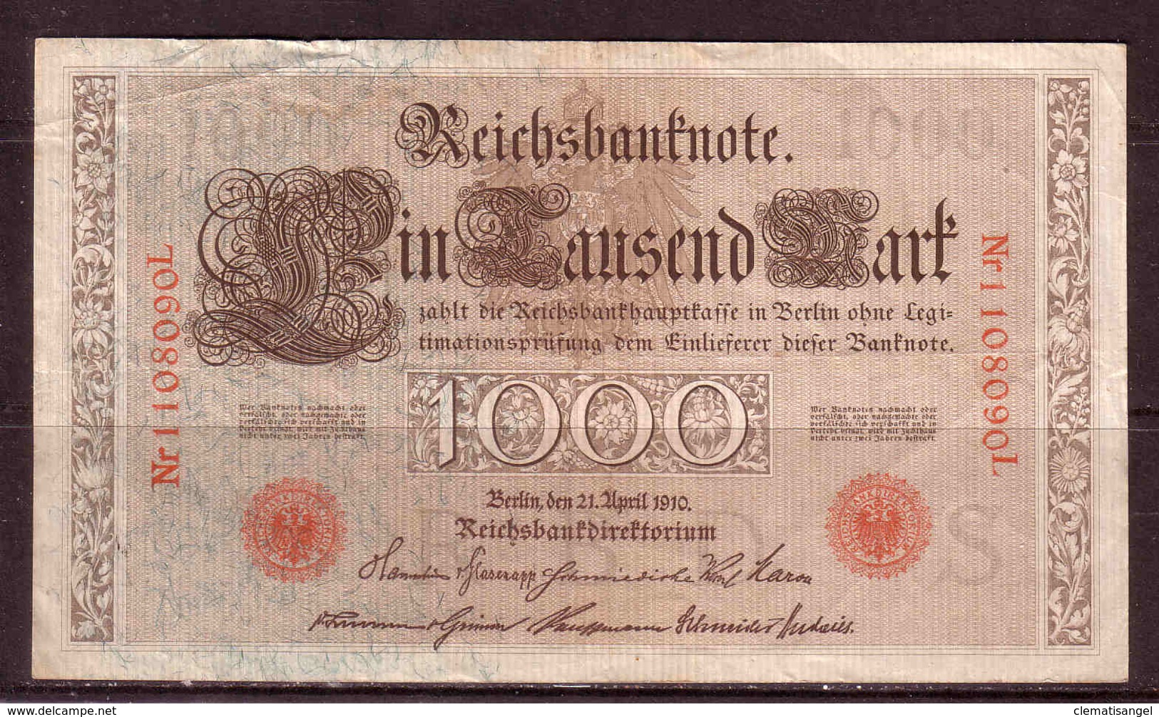 87d * REICHSBANKNOTE * 1108090 L VOM 21.4.1910  * EIN TAUSEND MARK/1000 * GEBRAUCHT ** !! - 1.000 Mark