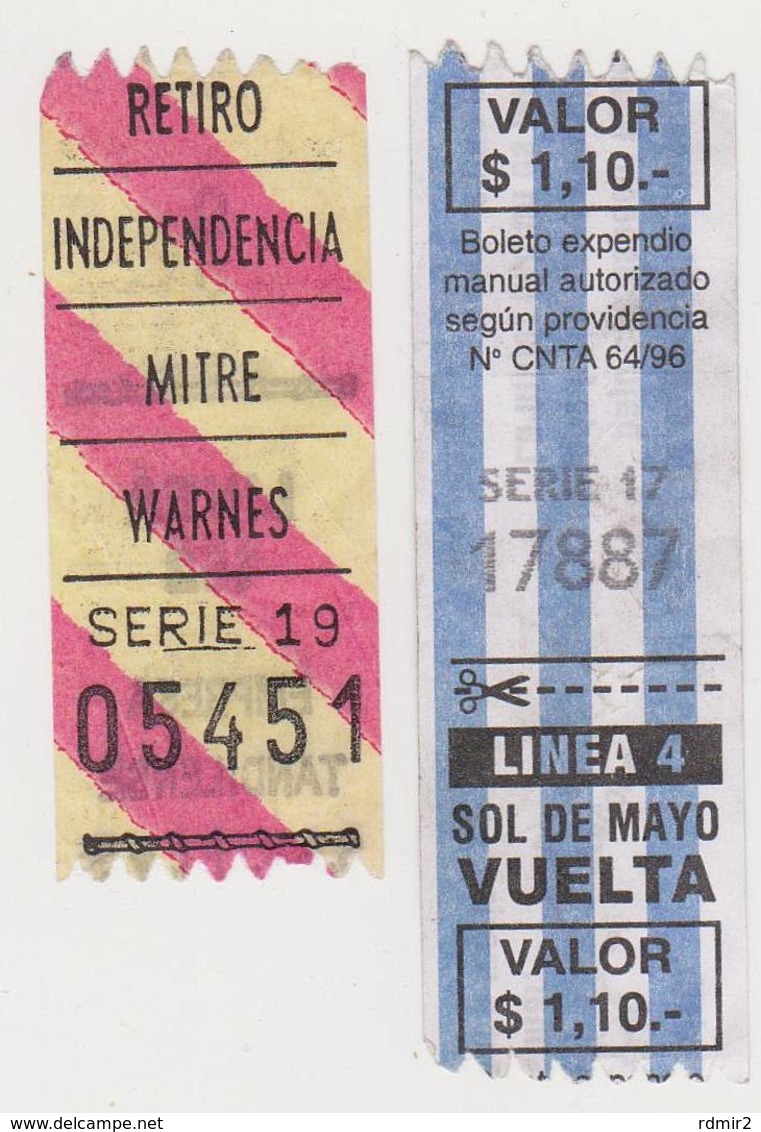 1354(6) ARGENTINA, Buenos Aires. 2 Billetes Transporte Urbano. / 2 Tickets Urban Transport. / 2 Billers Transport Urbain - Otros & Sin Clasificación