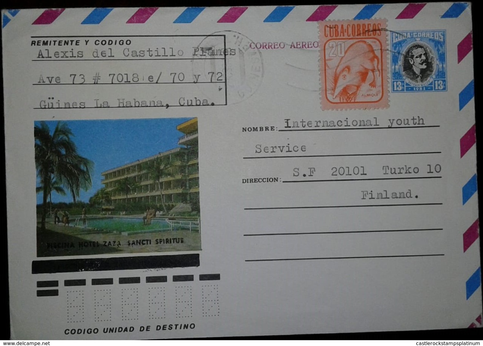 O) 1983 CIRCA-CUBA-CARIBBEAN,SPANISH ANTILLES- RODENT-MOUSE -, ANTONIO MACEO, POSTAL STATIONERY TO FINLAND - Covers & Documents