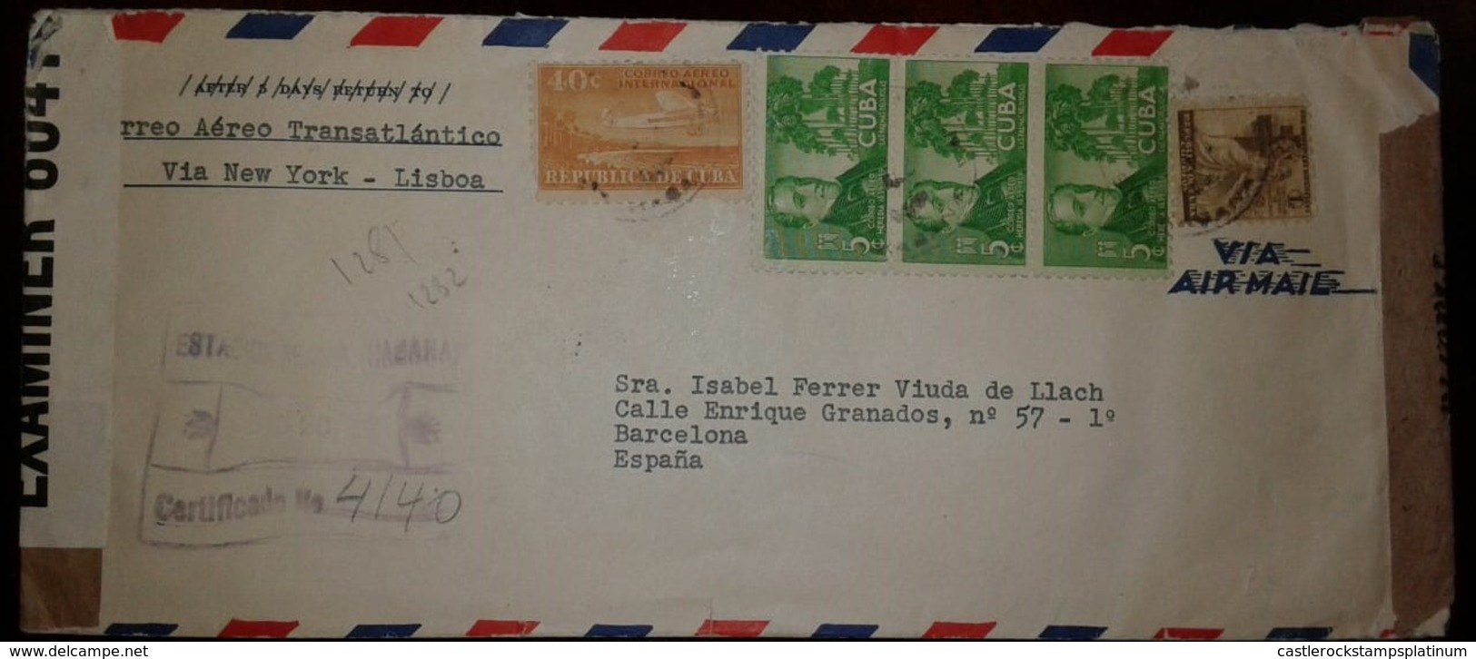 O) 1941 CUBA-CARIBBEAN, SPANISH ANTILLES, CENSORSHIP- CORREO AEREO TRANSATLANTICO- VIA NEW YORK-LISBOA. JOSE HEREDIA SC - Covers & Documents