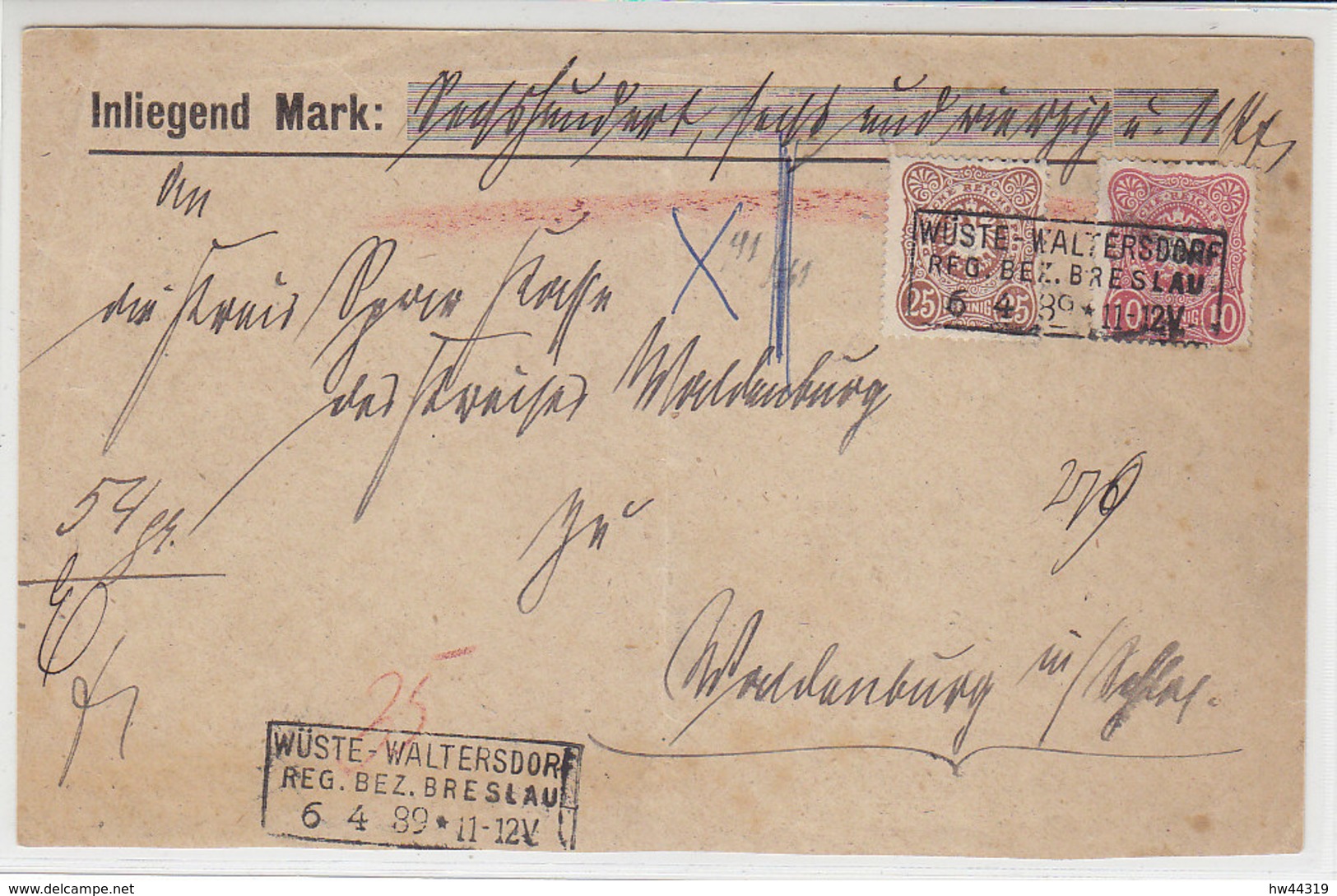 Briefvorderseite Mit 41, 43 Mit Kastenstempel Wüste-Waltersdorf Reg.Bz.Breslau 6.4.89 - Briefe U. Dokumente