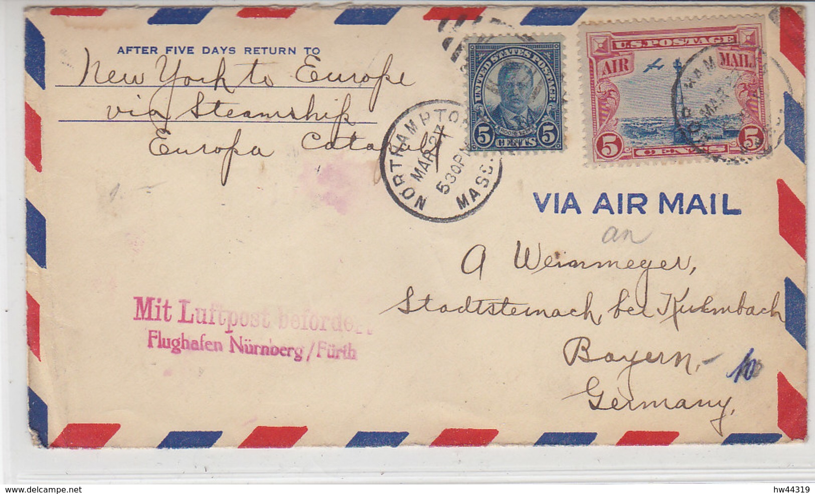Brief Aus NORTHHAMPTON 27.3.30 Via Schiff Aus New York > Gare NO??VION > Flughafen Nürnberg > Stadtsteinach - 1c. 1918-1940 Lettres