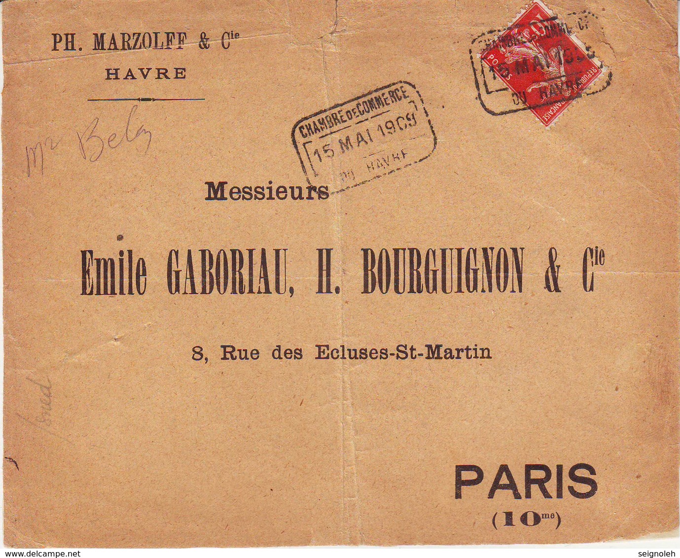 10 C Semeuse N° 138 Obl CHAMBRE DE COMMERCE DU HAVRE , GREVE DE 1909 , Devant De Lettre - 1877-1920: Période Semi Moderne