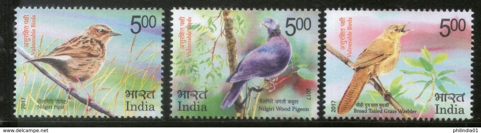 India 2017 Vulnerable Birds Nilgiri Pigeon Warbler Pipit Wildlife Fauna 3v MNH Inde Indien - Unused Stamps