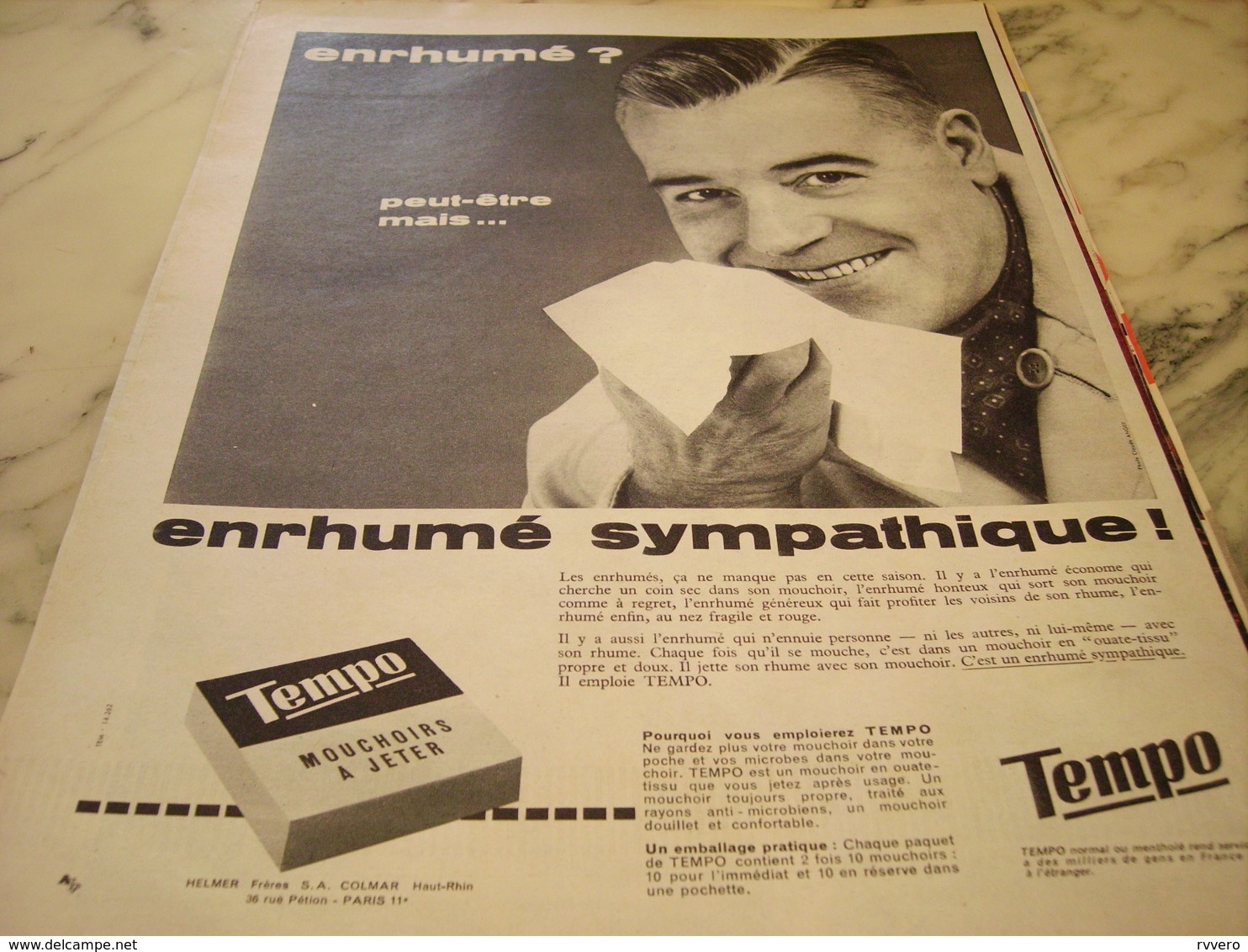 ANCIENNE   PUBLICITE ENRHUME SYMPATHIQUE MOUCHOIR PAPIER TEMPO 1960 - Autres & Non Classés