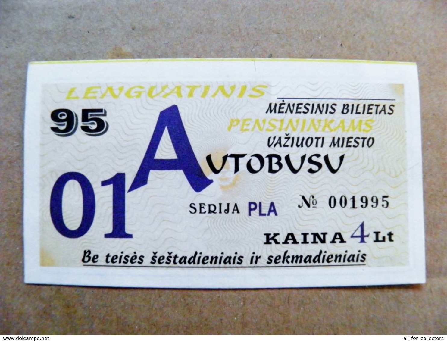 Old Transport Ticket From Lithuania Bus Monthly Ticket Kaunas City 1995 January - Europe