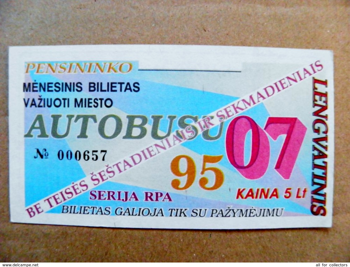 Old Transport Ticket From Lithuania Bus Monthly Ticket Kaunas City 1995 July - Europe